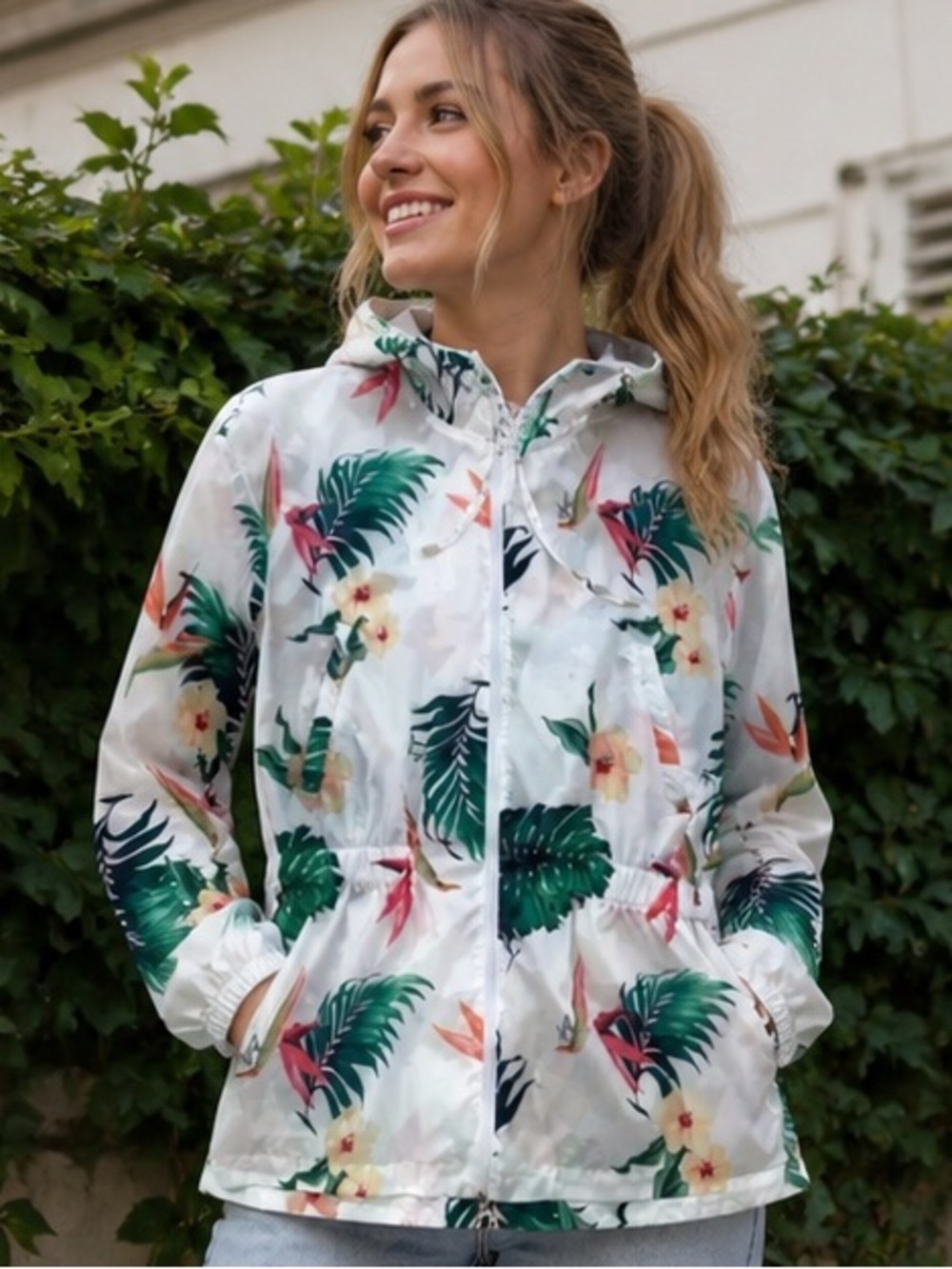 Liu Jo White Tropical Print Windbreaker Hoodie Jacket Size L - Picture 2 of 4